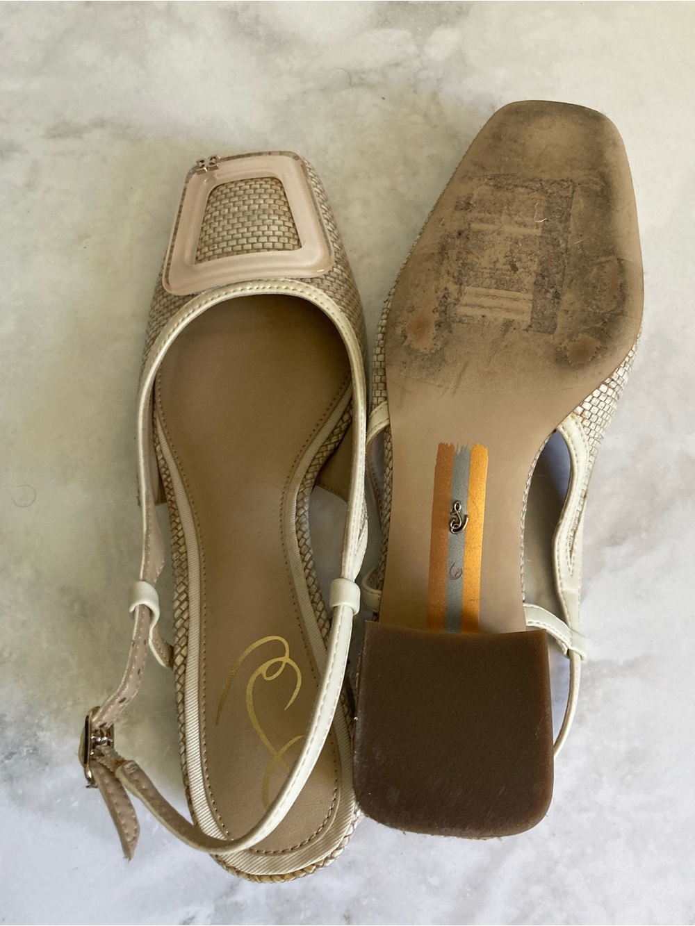 Sam Edelman Beige Woven Slingback Block-Heel Pumps - Picture 7 of 9